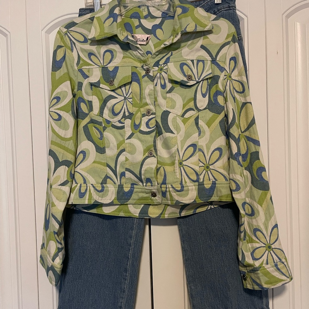 3 Sisters Retro Floral Jean Jacket in Lime Green and Blue